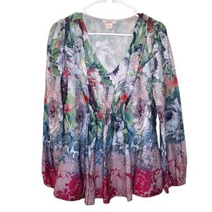 Sundance Women 100% Silk Floral Ruched Flow Sugarplum Garden Blouse Size S